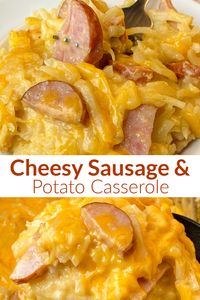 This home style meal of Cheesy Sausage and Potato Casserole is an easy recipe that can be made in the crock pot or oven. Savory and Smoky Sausage or Kielbasa is mixed into satisfying potatoes with plenty of cheddar cheese to make an amazing family meal!