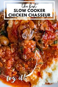 Slow Cooker Chicken Chasseur with tender chicken, mushrooms, tomatoes, wine, and herbs. This easy and popular French recipe, also known as Hunter’s Chicken, is definitely a family favorite!