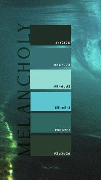 MELANCHOLY Color Palette: 112125, 367074, 94DCD2, 5BC5CF, 306761, 2B3D2D   This blue-green color palette, blending deep ocean blues and calming shades of green is inspired by the ocean itself.   The color combination would be perfect for creating a serene and moody atmosphere in your designs. This teal blue palette ranges from rich teal to soft aquas, ideal for nature-inspired projects, branding, and home decor. The combination of blue and grayish green evokes a sense of tranquility and depth, bringing a unique melancholy vibe to any creative venture.   Pin now for fresh color inspiration!   #BlueGreenPalette #OceanInspired #ColorInspo #TealAesthetic #NatureInspiredDesign #MoodyColors