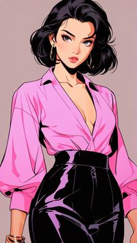 full body portrait of a woman in the Japanese retro anime style of the 80s and 90s. The scene features a top model with wild hair, exuding confidence and allure. She stands in a dynamic pose that highlights her form and curves, set against a soft pink and yellow palette. The lighting reflections and shadows add depth and intensity to the scene. Her gaze is evocative and intense, aware of her own beauty and playing it up for the photoshoot.