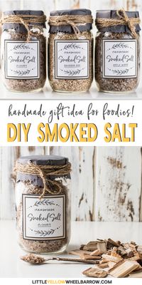 Make a batch of smoked salt and add a pinch of fire roasted flavor to anything you want.  These jars of smoked salts make great DIY gifts for the holidays for any foodie on your list.  An easy DIY project with a step by step tutorial.  Grab the free downloadable labels too! #diyprojects #easydiyprojects #diygifts #giftsforhim #christmasdiy #printablelabel #jargifts