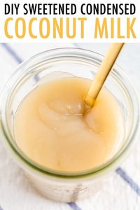 This sweetened condensed coconut milk is a dairy-free, vegan alternative for regular sweetened condensed milk. You only need two ingredients, sugar and a can of coconut milk! #vegan #coconutmilk #homemade #sweetenedcondensedcoconutmilk