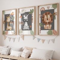 "Nursery prints. Set of 3 safari nursery wall art prints with a beautiful grey and neutral colour scheme, perfect for a new baby's nursery or child's bedroom. This trio of prints (UNFRAMED) co-ordinate perfectly with a contemporary design with a Boho/Scandi flavour.  Thankyou for considering a purchase from Giggling Goose Designs. Here is what you can expect: ❤️ SPECIFICATION   We produce our prints using award winning premium satin photo paper using branded inks to ensure longevity, fade resistance and depth of colour, resulting in a beautiful print. Our packaging is fully recyclable with all orders carefully protected to ensure your order arrives in pristine condition. All shipping is FREE and we aim to despatch orders within 1 to 2 working days.  ❤️ PAPER SIZES  All of our designs are a