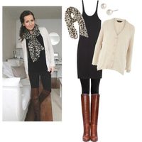 Fall trend: black bottoms, loose white or cream sweater, cognac boots, scarf