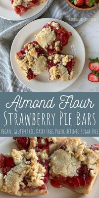 These strawberry pie bars are easy to make with a simple almond flour crust. The delcious strawberry filling can be made with either fresh or frozen strawberries too! This healthy dessert recipe is gluten free, dairy free, vegan, paleo and refined sugar free.