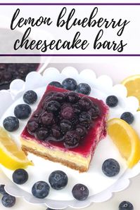 Lemon blueberry cheesecake bars recipes. Lemon cheesecake with blueberry topping and graham cracker crust.