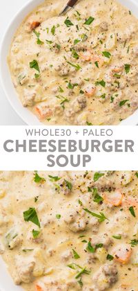 This soup is a cheeseburger in a bowl... without the actual cheese or bun! Whole30, paleo, and dairy free, this hearty soup is cheesy and loaded with flavor. It's super filling and quick and easy to make. #soup #dairyfree #whole30 #paleo #beef