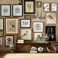 A stunning gallery wall full of natural curiosities - Audubon-like artwork, floral, fauna, etc. Although the frame designs/finishes are different and the hanging appears to have no rhyme or reason, the theme of the artwork offers needed cohesion. A winner!