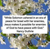 "While Solomon ushered in an era of peace for Israel with her enemies, Jesus makes it possible for enemies of God to have peace with God. “For in Him all the fullness of God was pleased to dwell, and through Him to reconcile to Himself all things, whether on earth or in heaven, making peace by the blood of His cross” (Col. 1:19-20). 

"While Solomon built a temple that was eventually torn down, Jesus is the temple who was raised up. “Destroy this temple, and in three days I will raise it up,” He said (John 2:19), which is just what He did when he rose from the grave." Nancy Guthrie, 'The Son of David'.

Photo from www.pixabay.com.