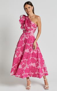 Alfreda Midi Dress - One Shoulder Ruffle Detail Brailey Jacquard Dress in Pink | Showpo USA