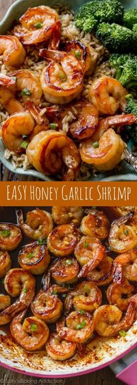 Easy, healthy, and on the table in about 20 minutes! Honey garlic shrimp recipe on sallysbakingaddiction.com