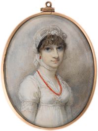 Hon. Mrs Caroline Elwes (née Pelham), wearing white dress, fill-in, coral necklace and coral pendent earrings, black bandeau, white lace vei...