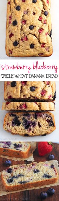 Whole Wheat Strawberry Blueberry Banana Bread -- an easy clean-eating breakfast or snack! This healthy recipe is full of fresh berries & barely 120 calories!