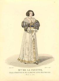 Mlle. de Lafayette, Maid of Honor to Anne of Austria costume illustration. From Google search; probably originally from the discontinued Costumer’s Manifesto site, now a blog.