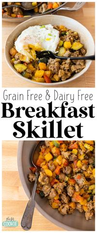 Get ready for your day with this delicious and easy to make paleo breakfast skillet! It's loaded with veggies, complex carbs, and protein. This is made completely egg free as well, but you can serve this with an egg on top for extra protein and healthy fats! | thefitcookie.com #paleo #glutenfree #dairyfree