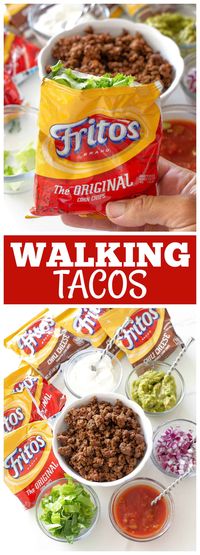 A Walking Taco are a deconstructed taco made right in the bag of chips. Great for parties and potlucks! If you’ve ever wondered how to make a Walking Taco bar, this easy Mexican dinner is way easier than you think. This is the perfect party food great for football games or birthday parties. #walking #taco