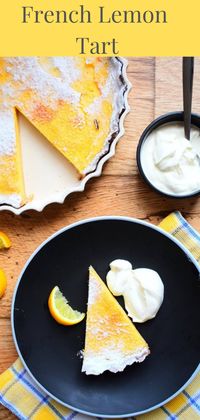 A crispy shortcrust pastry tart with a rich lemon custard filling, lightly dusted with icing sugar and served with crème fraiche. A deliciously fresh tart citroen.