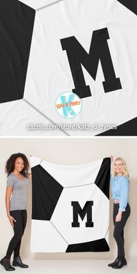 ad: Simply designed monogrammed soccer blankets with image of a GINORMOUS soccer ball -- many color combinations are available in the collection #soccerblankets #soccerdecor #soccerroomdecor