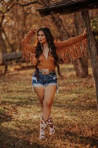 "Ole Stevie Stand Back" Camel Suede Fringe Sleeve Romper/Bodysuit - Lil Bee's Bohemian