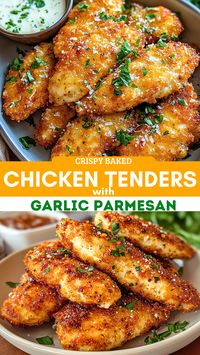 Get ready to enjoy Crispy Baked Chicken Tenders with Garlic Parmesan! This delicious recipe is a healthier alternative to fried chicken, providing that satisfying crunch without the extra oil. Perfect for kids and adults alike, these tenders are easy to make and full of flavor. Don't miss out—try this recipe today and save the pin for later!