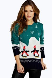 boohoo Petite Lilly Penguin Christmas Jumper | a teal blue/green festive holiday sweater with fun snowflake and penguins with beanies and scarfs print | affiliate link | Boohoo