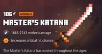 Check out weapon stats and traits for the Master's Katana weapon in Minecraft Dungeons. Includes Master's Katana, best enchantments, damage, unique rarity, and more!