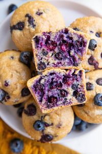 Healthy Protein Muffins with blueberries. These easy protein muffins are fun to customize using different additions. A great option for a grab-and-go high-protein snack.