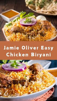 Jamie Oliver Easy Chicken Biryani features sunflower oil, onion, chicken breasts, lemon juice, garam masala, chili powder, salt, basmati rice, garlic, ginger, hot chicken stock, and fresh coriander. It’s a quick dish, ready in 55 minutes, serving four.