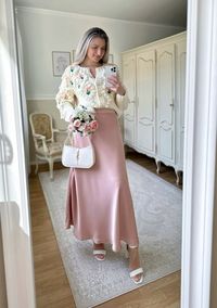 Spring fashion, spring outfit inspo, spring style, floral diamond pom pom cardigan, pink satin maxi skirt, white ankle strap sandals, mini shoulder bag, ysl, 3D Lotus Hollow Out Earrings, preppy style, elegant outfit