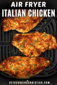 This delectable Air Fryer Italian Chicken recipe starts chicken perfectly seasoned with a zesty homemade Italian dressing mix. Cooked effortlessly in your air fryer until tender and juicy, your family will love it! #ketochicken #italianchicken #airfryerchicken