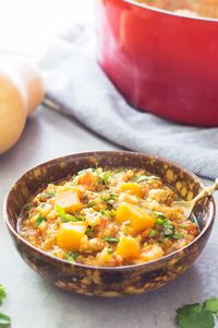 This hearty, healthy Butternut Squash Chicken Stew with Quinoa is perfect comfort food for cold weather days! It can be made in the Slow Cooker, Instant Pot, or on the Stovetop. #butternutsquash #instantpot #stew #chicken #quinoa #recipe #slowcooker Recipes | Dinner | Soup | Meal | Fall | Gluten Free | Clean Eating