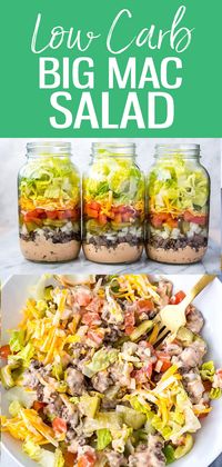 These Meal Prep Low Carb Big Mac Salad Jars are a delicious lunch option and a healthier way to satisfy your cheeseburger cravings - and the Big Mac dressing is easily made with pantry staples! #bigmac #mealprep #masonjarsalad