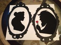 Draw frames on cardboard, cut out, paint black and glue on top of painted Belle and Beast silhouettes. After glue has dried, cut out the poster board around the outside of the frames