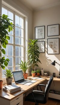 An office room bathed in the soft morning light, with sunlight streaming through large windows casting warm rays across the room. The desk is neatly organized with a computer, papers, and a cup of coffee. A potted plant sits on the windowsill, adding a touch of greenery to the space. The walls are adorned with motivational posters and artwork Nature Canvas