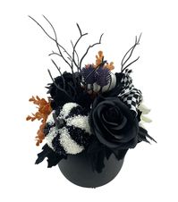 Spooky and Chic Halloween Decor: 10" Black Rose & White Pumpkins Arrangement by Bloom RoomAdd a touch of eerie elegance to your Halloween decor with this stunning arrangement by Bloom Room The black roses and white pumpkins create a striking contrast that will catch the eye of anyone who enters the room Measuring at 1025" x 9", this arrangement is the perfect size for a centerpiece on your dining table or as a statement piece on your mantelProduct DetailsArrangementColor: Black and WhiteDimensions: 1025" x 9"Materials: Polyester, PE, Styrofoam, Cement