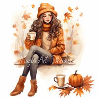 Watercolour Autumn Cozy Clipart, JPG,  Sublimation design, Falling leaves, Girl illustration, Autumn tree, Pumpkin spice latte, Not  Transparent Background, Commercial and Personal Use  Start creating with this charming set of autumn cliparts of beautiful girls. This collection contains 14 high-quality JPG files, which depict charming girls with a cup of latte in various poses and facial expressions. Thanks to the instant digital download, you will get immediate access to these wonderful images.