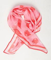 This playful hair scarf, in collaboration with Emily the Strange, is crafted in a lightweight chiffon-style fabric that features red cherries with cat heads throughout the pink backdrop.