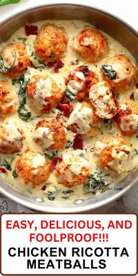 Baked Chicken Ricotta Meatballs with Spinach Alfredo Sauce – a luxurious twist on classic comfort food. Juicy chicken meatballs, creamy ricotta, and a lush spinach Alfredo sauce make for a mouthwatering meal.