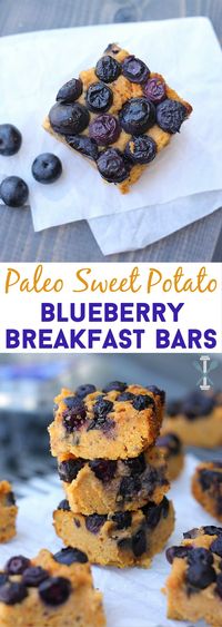 A moist and crumbly sweet potato bar topped with juicy baked blueberries make these on the go breakfast bars the perfect healthy morning treat! Gluten-free, dairy-free, and paleo!