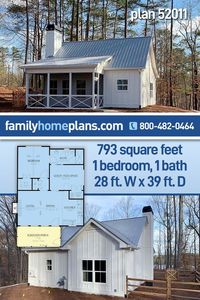 Cabin, Cottage, Country Style House Plan 52011 with 793 Sq Ft, 1 Bed, 1 Bath