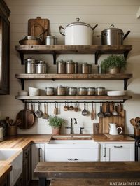 Rustic farmhouse kitchen ideas with reclaimed wood features and vintage-inspired décor, like hanging pot racks and open shelving. #KitchenIdeas #KitchenDesign