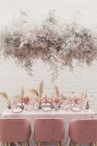 Luxury Pink long wedding tablescape with hanging floral decor | Pampas grass wedding reception decor for the Boho Glam Bride - Chris & Becca Photography #table #tablesetting #tablescape #tabledecor #centerpieceideas #weddingdecor #weddingdecorations