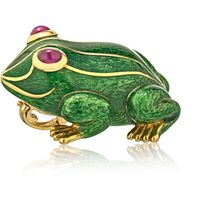 Capture the enchanting beauty of nature with the David Webb Kingdom 18K Yellow Gold Green Enamel Frog Pendant. This exquisite piece of fine jewelry is a true testament to the craftsmanship and artistic vision of David Webb.Crafted in 18K yellow gold, this pendant features a captivating green enamel frog, symbolizing luck and transformation. The intricate detailing brings the frog to life, with its charming expression and textured body adding a touch of whimsy.Adding to its allure, two cabochon r