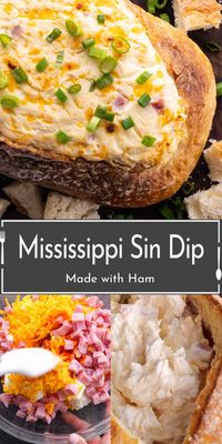 This Mississippi Sin Dip recipe is an easy game day appetizer made with cheese and ham mixed together and baked inside a loaf of bread until it is perfectly creamy and cheesy. Mississippi Sin Dip is a sinfully delicious combination of cream cheese, sour cream, cheddar cheese, hot sauce, and diced ham. The creamy texture paired with the salty bite of ham makes this a great appetizer for the holidays and perfect for football game days.