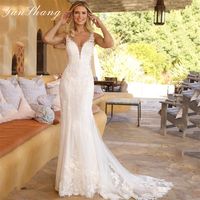 Yunshang Luxury Mermaid Wedding Dress Women Lace V-Neck Open Back Spaghetti Straps Bridal Gown Train