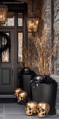 The arrangement of gothic candelabras and spooky silhouettes adds a stylish elegance to your Halloween porch, mixing spooky with sophistication.