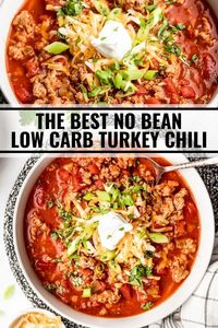 This low carb chili recipe is the very best! It's loaded with ground turkey, tomatoes, green chiles, garlic, onion, and lots of seasonings. So hearty and easy to make! Ready in only 30 minutes!