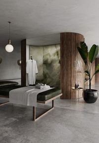 A partition wall of wood and green onyx in this Spa | 3D render