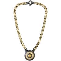 This Gianni Versace chain is the perfect representation of his 90's style. The bold curb chain features a dark gunmetal tone back with the front of the chain being gold in tone and covered with three small crystals on each link, making it a sparkly stand out piece. The drop medallion has four different circle features. The outer circle is a dark gunmetal tone the same as the back of the chain. The second circle has crystals on a gold tone backdrop. The third circle is a dark gunmetal tone with h