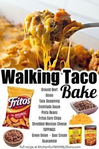 You'll love this Easy Frito Pie Recipe for a family-friendly dinner in a snap! Hearty ground beef with onions, taco seasoning, and enchilada sauce, is layered over Fritos, covered with shredded cheese, and baked until hot and melted.